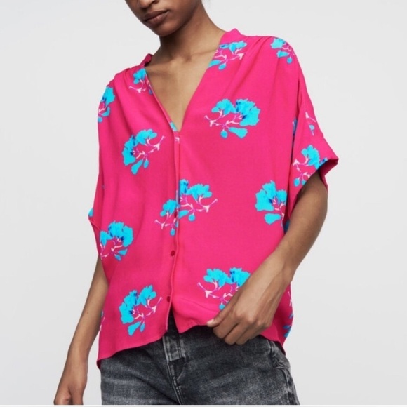 Maje Clowers Floral Button Down Short Sleeve Top Pink Blue Size 2 - Picture 1 of 10